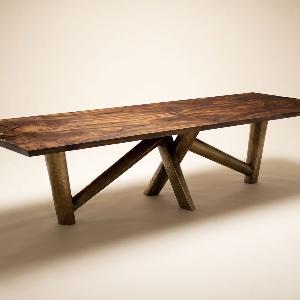 Orchard walnut dining table on a cream studio backdrop