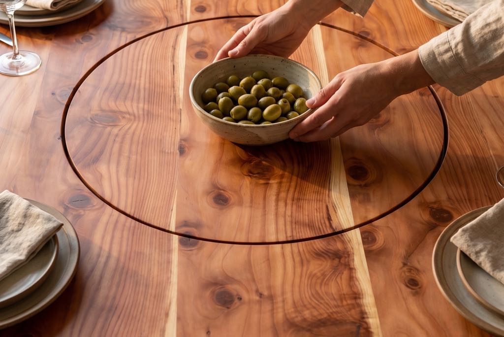 Two hands turning the lazy Susan with a bowl of olives on it, the table set with plates