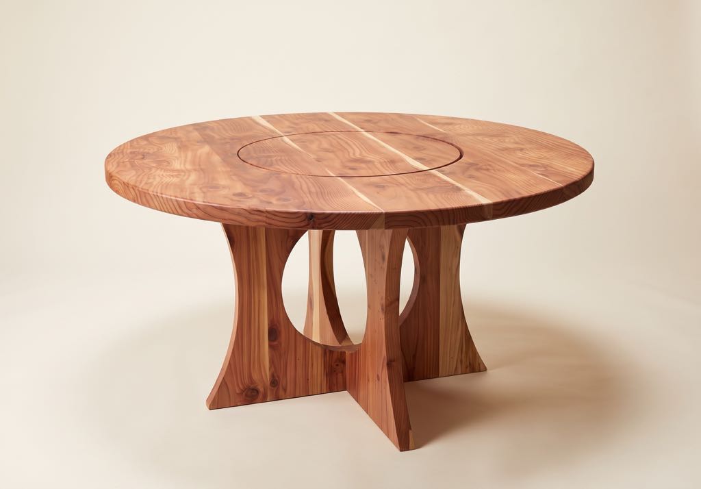 The round redwood table in a three-quarter view on a cream studio backdrop, showing the lazy Susan circle, the sapwood stripes and the cross base with its circular cutouts
