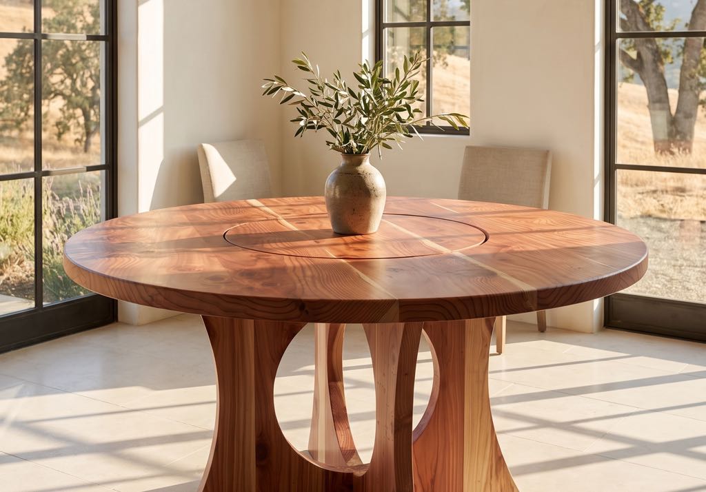 The round redwood table in a bright dining room with tall steel windows looking out on oak-covered hills