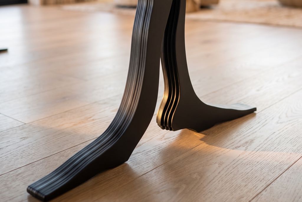 The lower trunk of a steel leg flaring into root-shaped feet on a wood floor