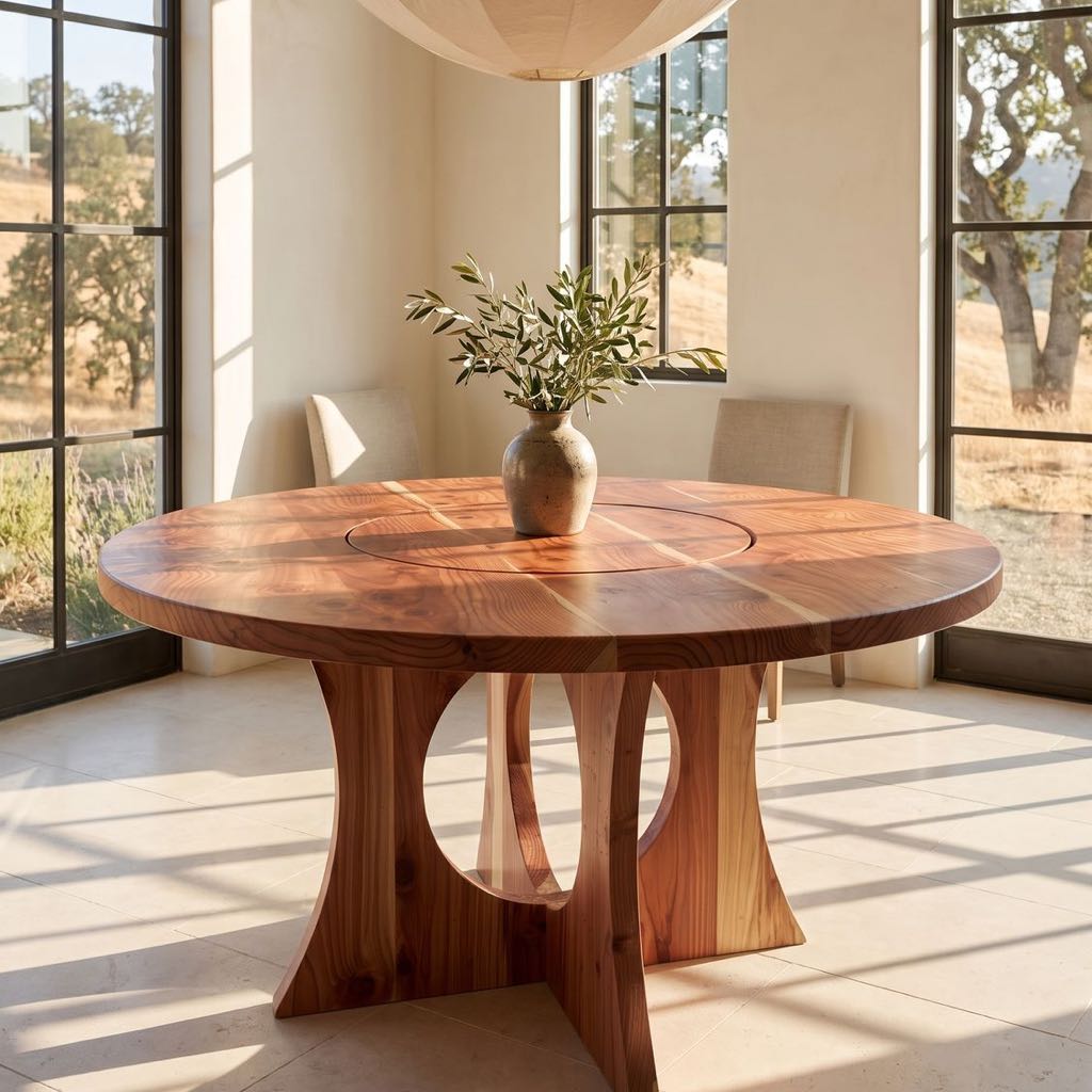 The round redwood table in a bright dining room with tall windows onto oak-covered hills