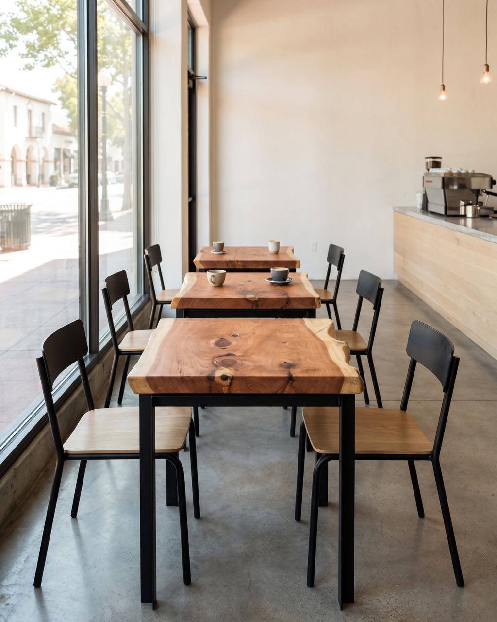 Redwood café tables with black chairs in a styled coffee shop