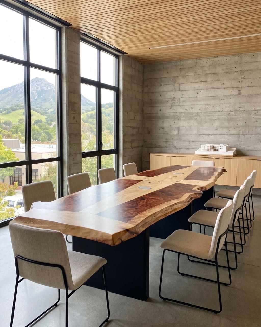 Ash and redwood conference table in a styled office