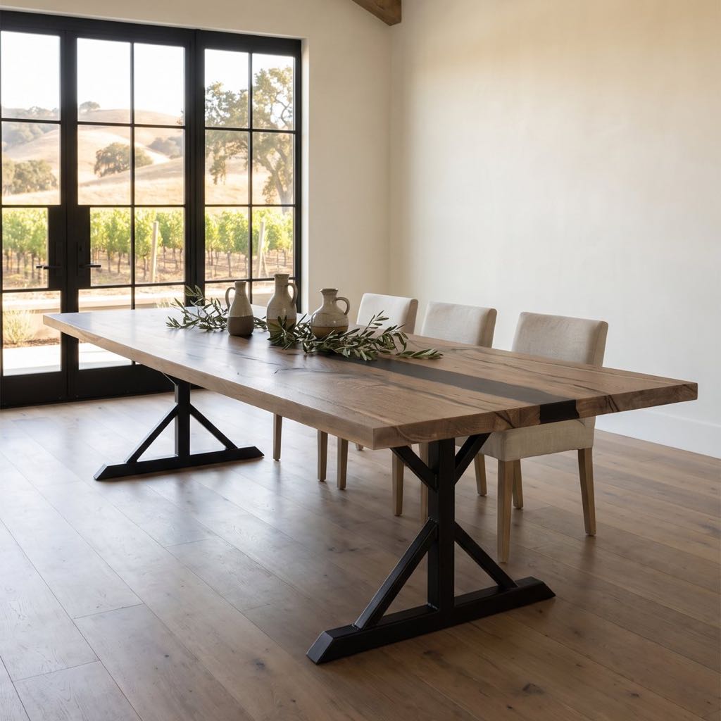 Coast live oak river table in a styled room looking out on a vineyard
