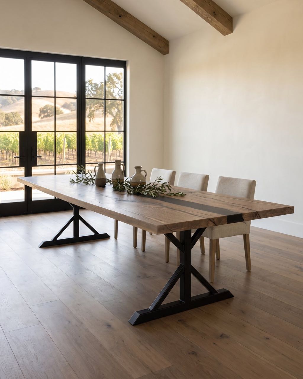 Coast live oak river table in a styled room looking out on a vineyard