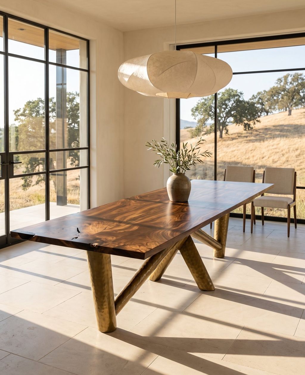 Orchard walnut dining table with a hand-hammered metal base in a bright room above golden hills