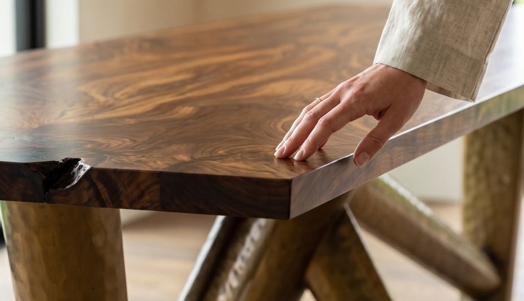 A hand running along the beveled end edge of the walnut top