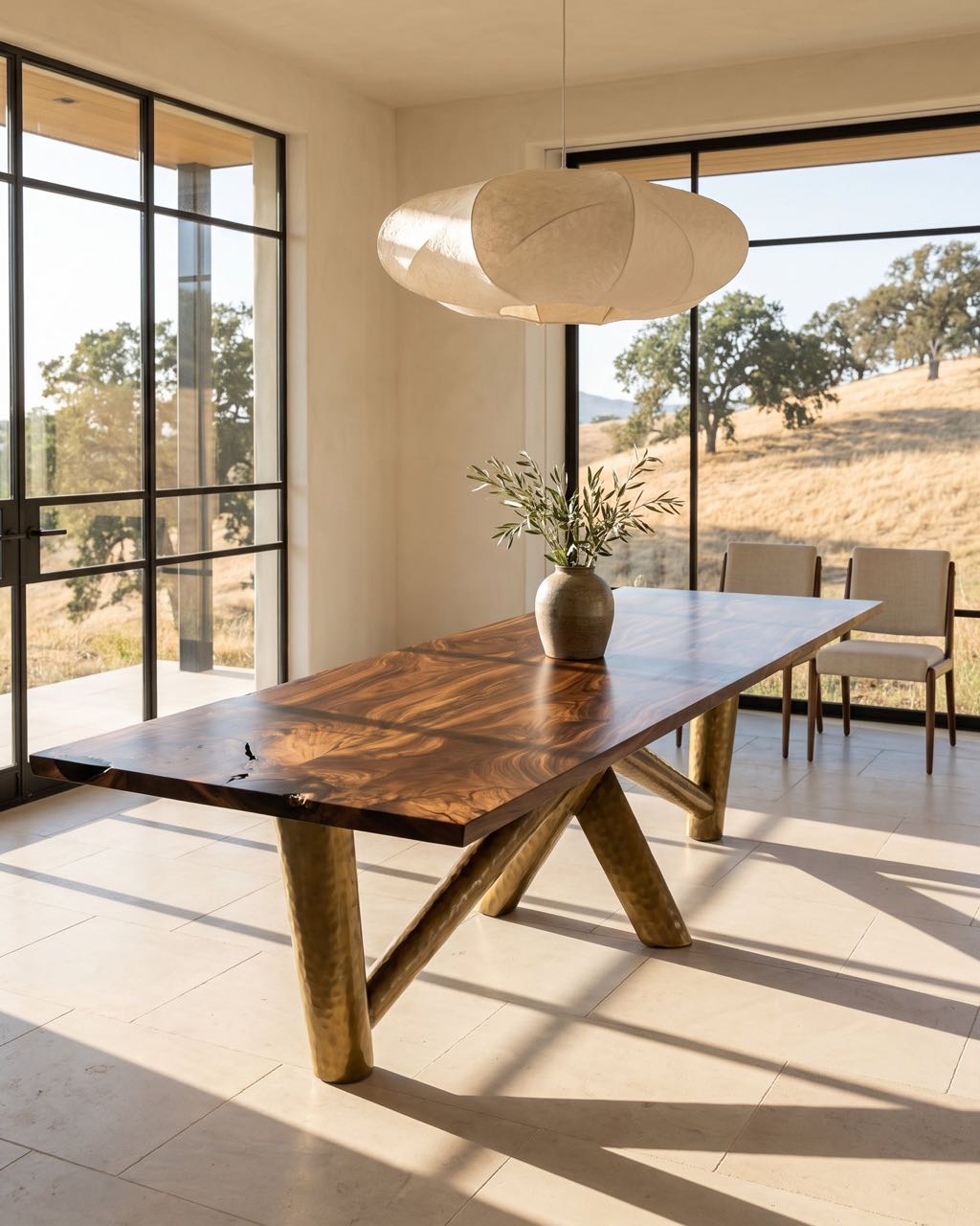 Orchard walnut dining table on a hand-hammered metal base, in a styled dining room with tall windows over golden hills