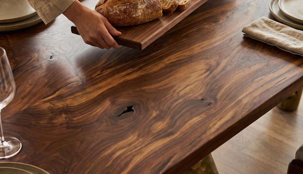 Hands setting a board of bread, cheese and olives on the walnut table at a long dinner