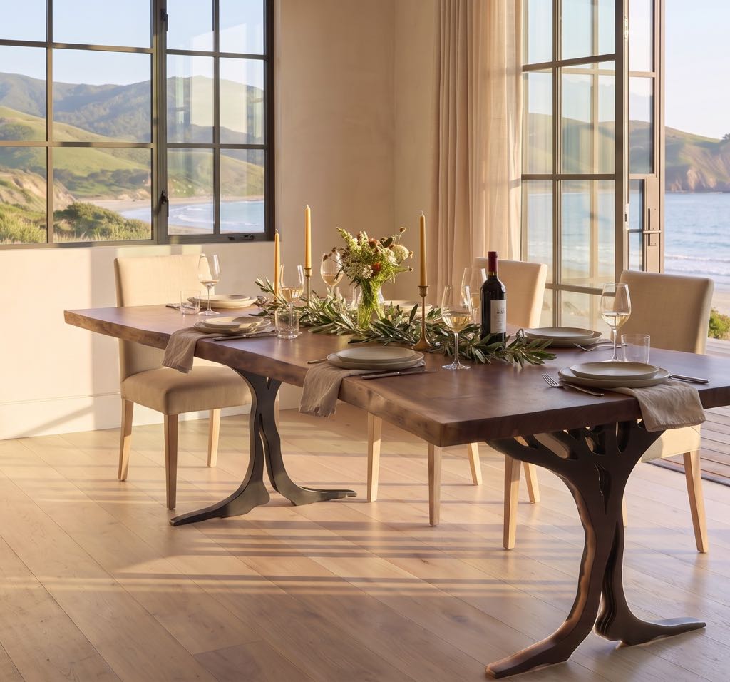 Walnut dining table on a dark steel tree-shaped base, set for dinner in a styled room with ocean views