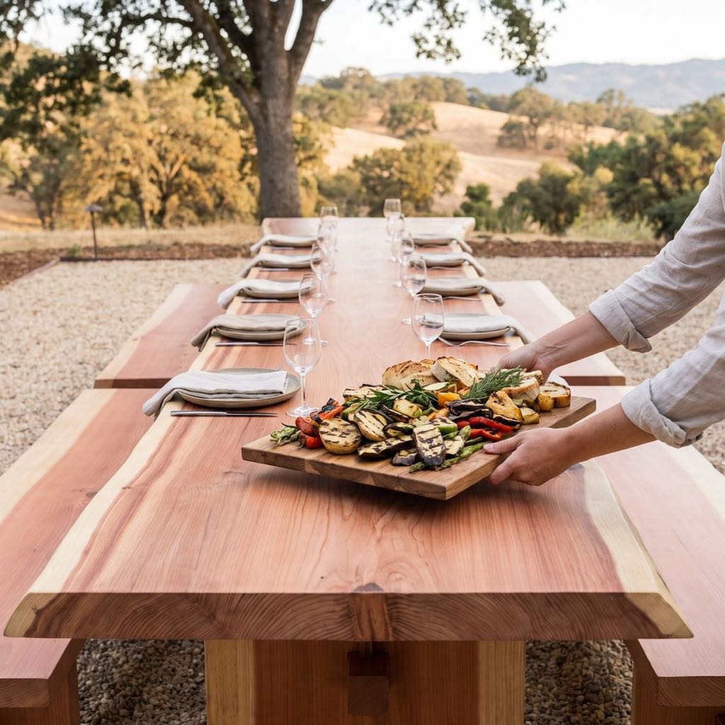 Redwood trestle table with benches, set for dinner outdoors under oak trees