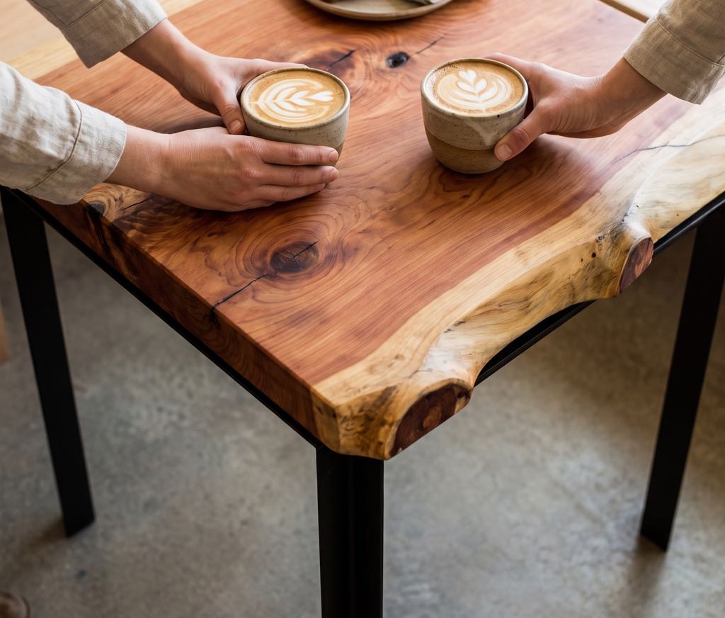 Two cappuccinos set down on a redwood café table, seen from above