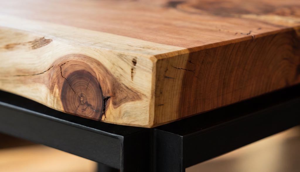 Close-up of a live edge wrapped in pale sapwood, with a branch knot cut through at the corner