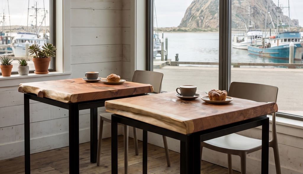 Two of the redwood café tables in a styled harbor-side coffee shop