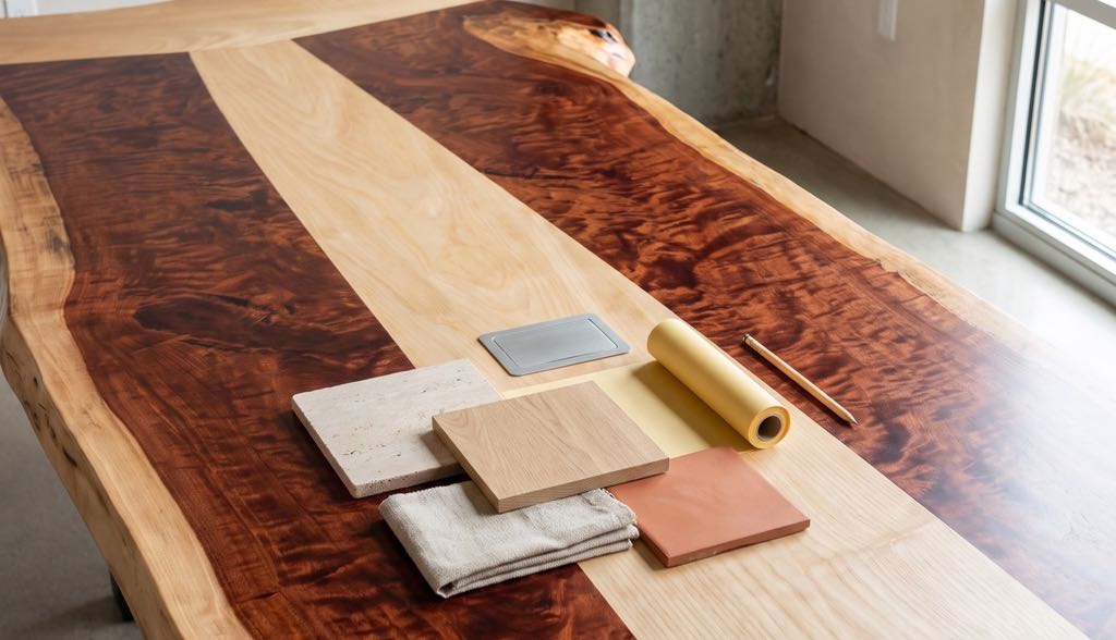 Material samples set around a grommet plate on the ash and redwood top