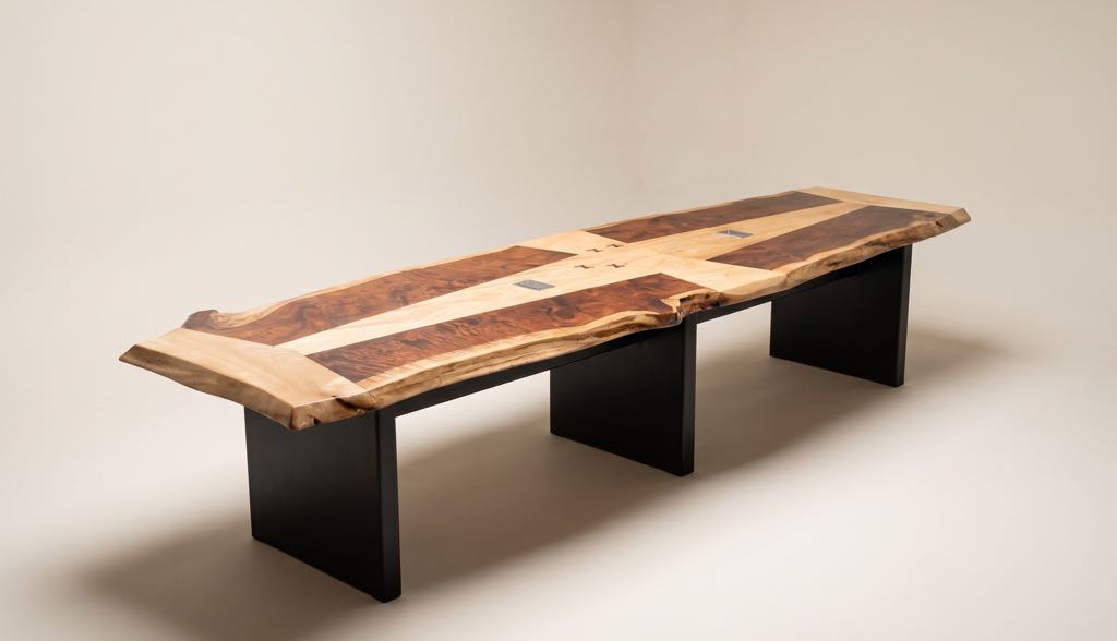The whole conference table on a cream backdrop: two sections, diagonal bands of ash and redwood, black plate legs