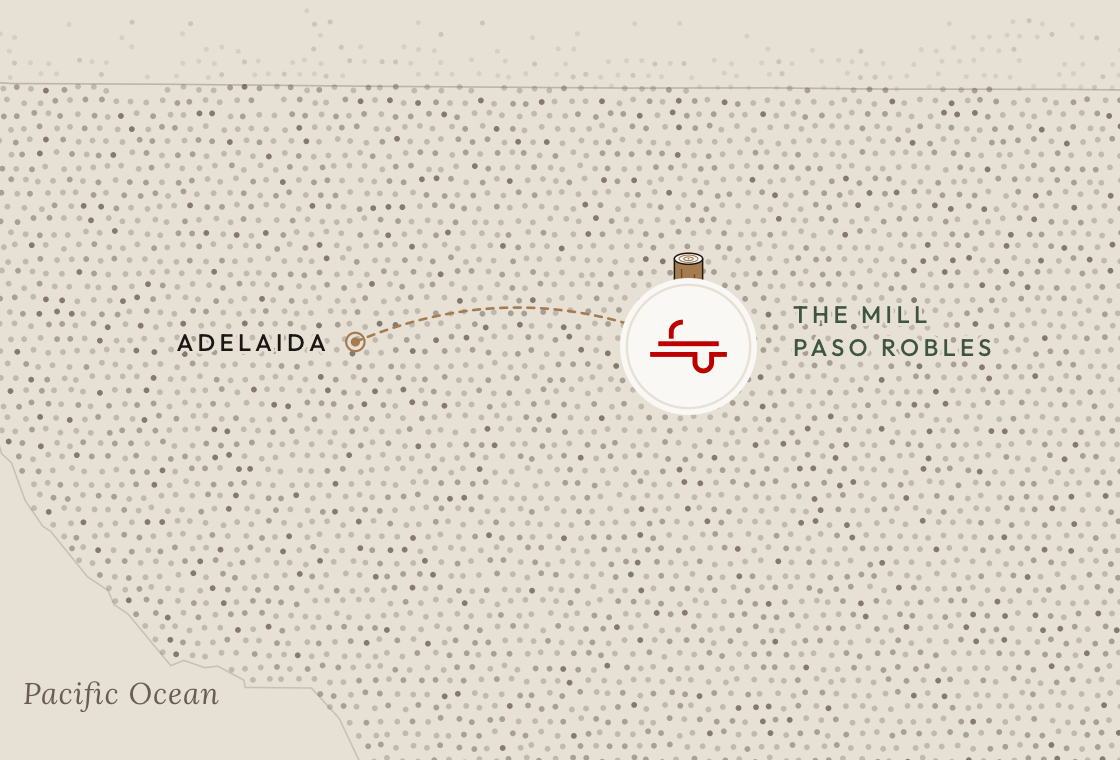 Map of the hills west of Paso Robles: a dotted route runs from the walnut orchards at Adelaida to our mill in Paso Robles
