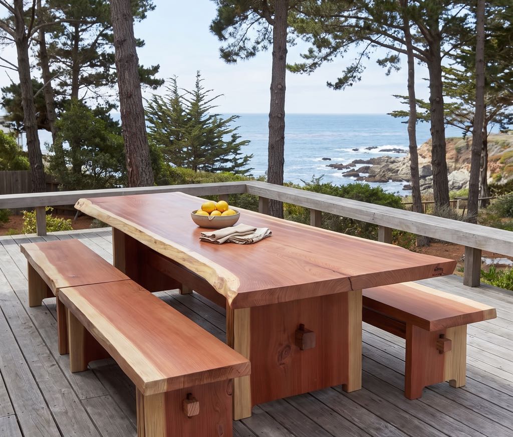 The redwood trestle table and benches on a deck above the ocean, among pines