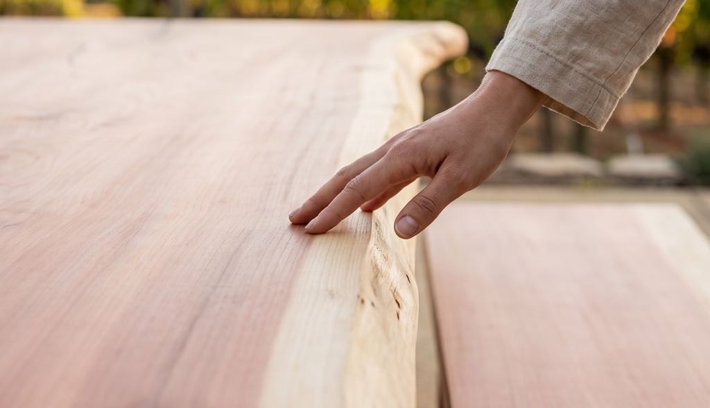 A hand along the pale sapwood live edge of the redwood top